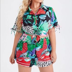 SHEIN Curve Plus Size Multi Design Patchwork Two Piece Blouse & Shorts Set 20